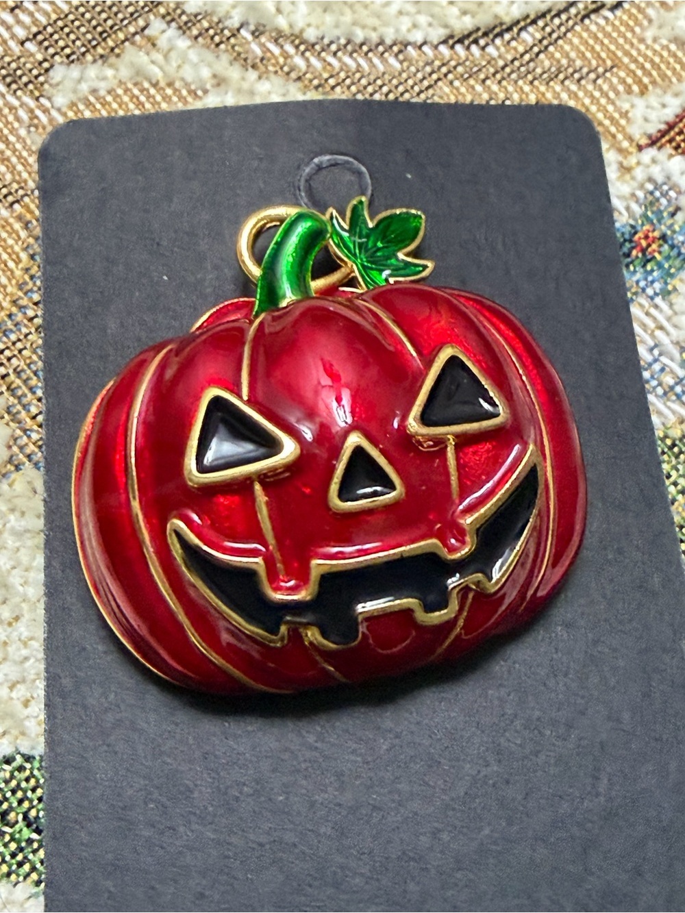 Red Enamel Pumpkin Jack-O'-Lantern Brooch